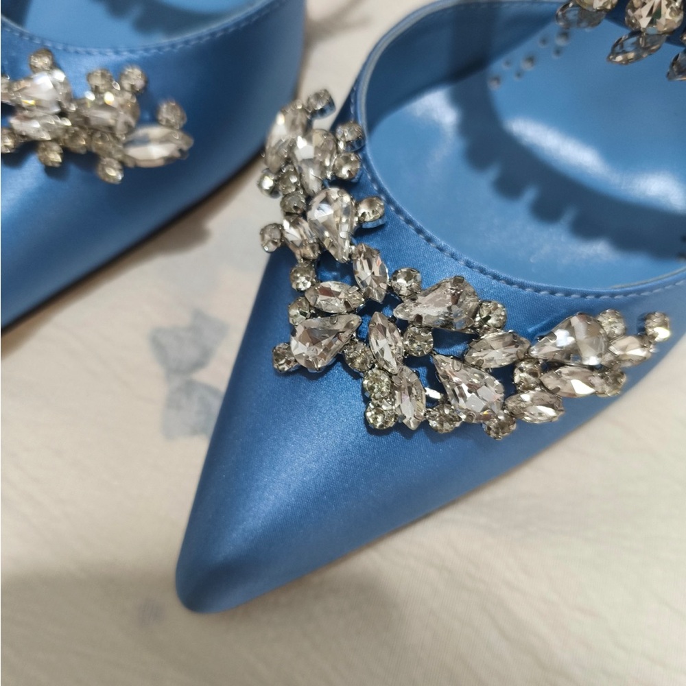 Manolo Blahnik Blue Crystal Embellished Pointed Toe Mules - Picture 3 of 9